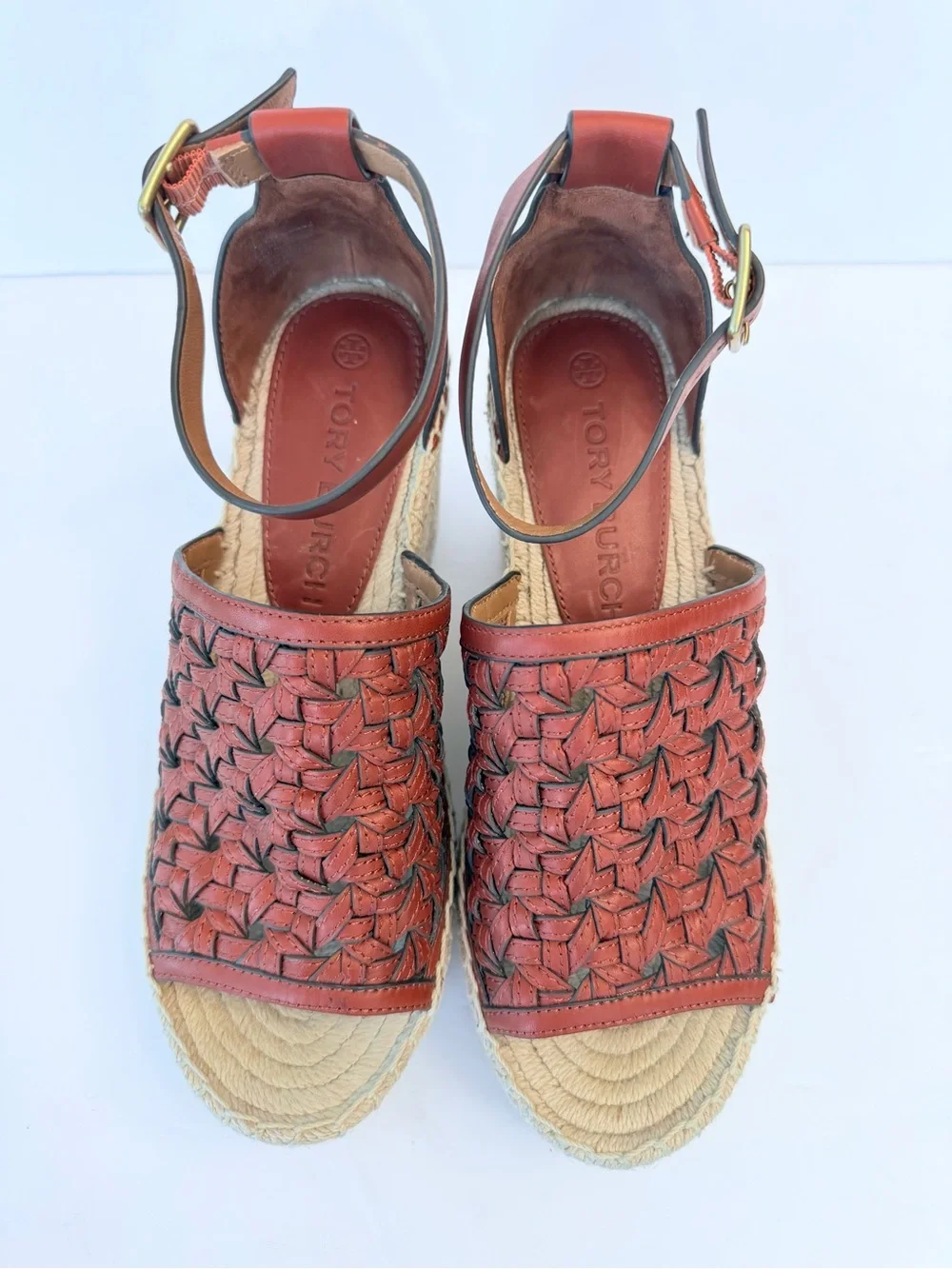Tory Burch leather basket weave espadrille platform sandals, size 7